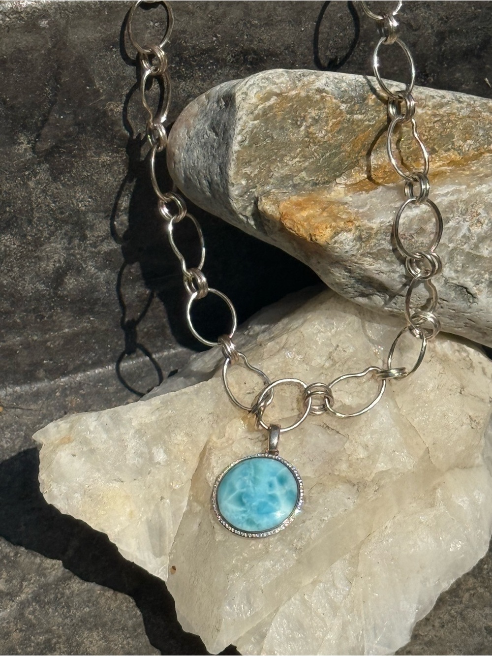 Ippolita Sterling Silver Larimar Round Pendant in Sky Blue with Diamond Halo